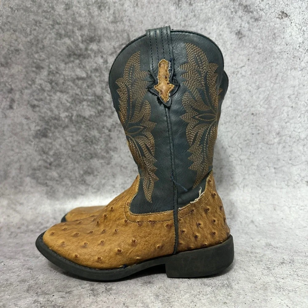 Roper Cowboy Boots Kids 13 Tan Faux Ostrich Western Square Toe Cowboy